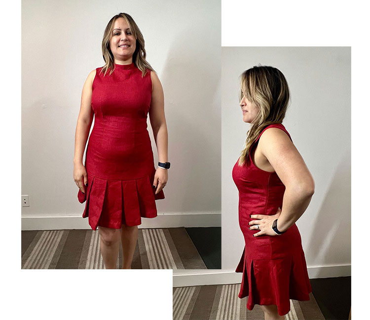 model wearing red linen dress, the mia dress in size large, from Gabriela Michele, sustainable clothing brand