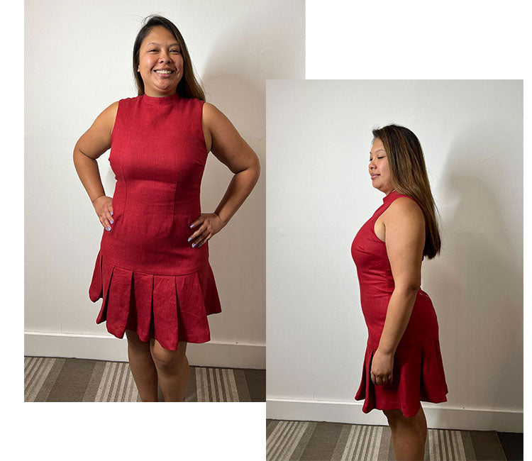 model wearing red linen dress, the mia dress in size large, from Gabriela Michele, sustainable clothing brand
