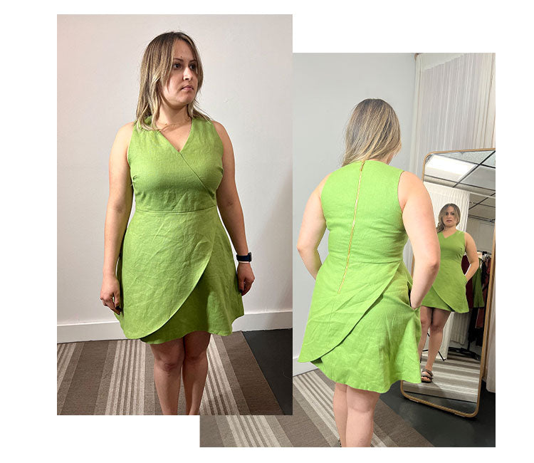 model wearing green linen dress, the isabela dress in size large, from Gabriela Michele, sustainable clothing brand