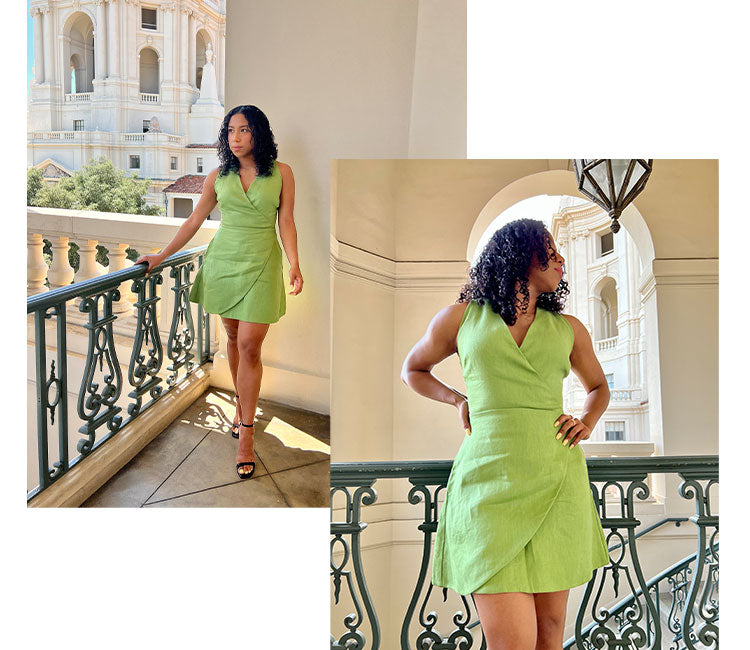 model wearing green linen dress, the isabela dress in size medium, from Gabriela Michele, sustainable clothing brand
