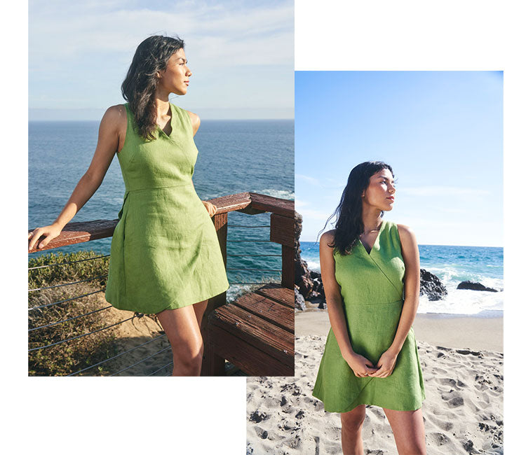 model wearing green linen dress, the isabela dress in size small, from Gabriela Michele, sustainable clothing brand