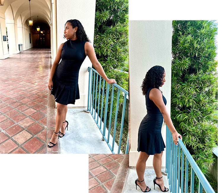  model wearing black linen dress, the mia dress in size medium, from Gabriela Michele, sustainable clothing brand