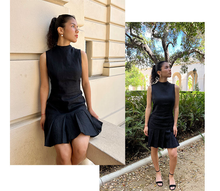 model wearing black linen dress, the mia dress in size small, from Gabriela Michele, sustainable clothing brand